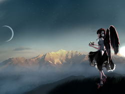 Rule 34 | 1girl, absurdres, artist name, black hair, black skirt, black wings, brown eyes, camera, commentary, crescent moon, feathered wings, frilled skirt, frills, from side, full body, geta, grass, hat, highres, holding, holding camera, lens flare, looking at viewer, moon, mountainous horizon, photo background, pointy ears, pom pom (clothes), puffy short sleeves, puffy sleeves, red hat, scenery, shameimaru aya, shirt, short hair, short sleeves, sideways glance, skirt, sky, solo, standing, star (sky), starry sky, tengu-geta, tokin hat, touhou, white shirt, wide shot, wings, xlf