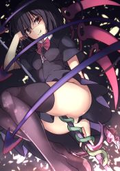 Rule 34 | 1girl, animal, arm behind back, arm up, ass, asymmetrical wings, black dress, black hair, black thighhighs, bow, bowtie, dress, holding, holding staff, holding weapon, houjuu nue, janne cherry, looking at viewer, no panties, parted lips, pointy ears, polearm, red bow, red bowtie, red eyes, short hair, smug, snake, solo, staff, thighhighs, touhou, upskirt, weapon, wings