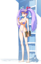 Rule 34 | 1girl, alternate hairstyle, barefoot, bikini, blunt bangs, book, breasts, bursting breasts, cleavage, crescent, crescent hair ornament, crescent moon, female focus, food, hair ornament, hakui ami, highleg, highleg bikini, highleg swimsuit, holding, holding book, large breasts, legs, long hair, long legs, moon, patchouli knowledge, popsicle, purple eyes, purple hair, solo, standing, string bikini, striped bikini, striped clothes, swimsuit, touhou, twintails