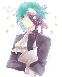 Rule 34 | 1boy, absurdres, black gloves, blue eyes, blue hair, commentary, commentary request, english commentary, eyes visible through hair, feathers, gloves, hair ornament, happy birthday, highres, looking at viewer, male focus, mask, mikaze ai, mouth mask, simple background, solo, star (symbol), usano, uta no prince-sama, white background