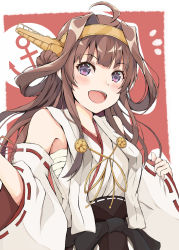 Rule 34 | 1girl, ahoge, anchor, anchor symbol, blush, breasts, brown hair, dairyo3, detached sleeves, double bun, hair bun, headgear, highres, japanese clothes, kantai collection, kongou (kancolle), long hair, nontraditional miko, open mouth, ribbon-trimmed sleeves, ribbon trim, sarashi, sidelocks, simple background, skirt, solo, two-tone background, upper body, wide sleeves