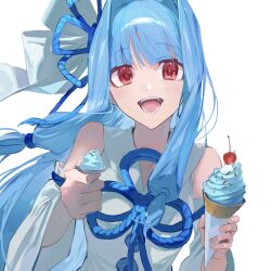 Rule 34 | 1girl, blue hair, blue ribbon, blush, cherry, collared dress, commentary, dress, floating hair, flower knot, food, fruit, hair intakes, hair ribbon, highres, holding, holding food, holding ice cream, holding spoon, ice cream, ice cream cone, incoming food, kakine, kotonoha aoi, long hair, looking at viewer, mint chocolate, open mouth, red eyes, ribbon, sidelocks, simple background, smile, solo, spoon, upper body, voiceroid, white background, white dress