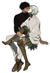 Rule 34 | 2boys, absurdres, black hair, boots, closed eyes, dark-skinned male, dark skin, dungeon meshi, elf, gorget, grey hair, highres, holding, holding another&#039;s arm, kabru, kiss, long sleeves, male focus, mithrun, multiple boys, notched ear, oejikim, pants, pointy ears, shirt, short hair, simple background, thigh boots, tunic, turtleneck, white background