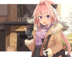 Rule 34 | 1boy, astolfo (fate), bag, black bow, black ribbon, black shirt, bow, braid, brand name imitation, brown coat, coat, coffee, coffee cup, commentary, cropped, cup, disposable cup, fang, fate/apocrypha, fate (series), fur coat, gloves, hair intakes, hair ribbon, highres, kusumoto touka, long braid, long sleeves, looking at viewer, male focus, multicolored hair, open mouth, pink hair, purple eyes, ribbon, scarf, shirt, single braid, skin fang, smile, solo, streaked hair, trap, white gloves