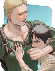 Rule 34 | 2boys, arm around neck, blonde hair, brown hair, chest belt, eren yeager, face to pecs, hand on another&#039;s chest, highres, male focus, motion lines, multiple boys, pectoral cleavage, pectorals, reiner braun, shingeki no kyojin, shirt, short hair, smile, sssida3, sweatdrop, upper body, yaoi