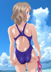 Rule 34 | 10s, 1girl, adjusting clothes, adjusting swimsuit, ass, blue eyes, blue one-piece swimsuit, blush, brown hair, competition swimsuit, from behind, goggles, unworn goggles, keisuke (0320030103200301), looking back, love live!, love live! sunshine!!, one-piece swimsuit, open mouth, short hair, solo, swimsuit, watanabe you