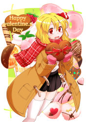 Rule 34 | 1girl, black skirt, blonde hair, blouse, blush, bow, candy, chocolate, chocolate covered, chocolate heart, coat, commentary request, doughnut, english text, food, fruit, hair between eyes, hair ribbon, heart, highres, kashuu (b-q), long sleeves, looking at viewer, miniskirt, mint, mittens, open mouth, orange (fruit), overcoat, parfait, plaid, plaid scarf, red eyes, ribbon, rumia, scarf, shirt, shirt tucked in, short hair, skirt, solo, strawberry, text focus, thighhighs, touhou, valentine, wavy mouth, whipped cream, white shirt, white thighhighs, zettai ryouiki