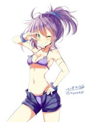 Rule 34 | 10s, 1girl, antenna hair, aoba (kancolle), artist name, bare arms, bare shoulders, bikini, bikini under clothes, blue shorts, blush, breasts, cleavage, closed mouth, collarbone, cowboy shot, eyebrows, green eyes, hair ornament, hair scrunchie, hand on own hip, high ponytail, highres, hizaka, kantai collection, looking at viewer, medium breasts, messy hair, navel, one eye closed, open fly, purple bikini, purple ribbon, ribbon, scrunchie, shorts, simple background, smile, solo, standing, stomach, swimsuit, swimsuit under clothes, twitter username, underboob, unzipped, v, white background, wrist scrunchie