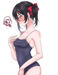 Rule 34 | 1girl, bare shoulders, black hair, blue one-piece swimsuit, blush, bow, breasts, collarbone, commentary request, covered navel, embarrassed, hair bow, hair ornament, hand on own chest, highleg, highleg swimsuit, highres, long hair, love live!, love live! school idol project, mei hinamatsu, one-piece swimsuit, red bow, red eyes, simple background, small breasts, solo, swimsuit, tight clothes, twintails, upper body, white background, yazawa nico
