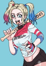 Rule 34 | 1girl, absurdres, baseball bat, black shorts, blonde hair, blue background, blue eyes, blue hair, chanta (ayatakaoisii), cowboy shot, dc comics, fingerless gloves, gloves, harley quinn, highres, holding, holding baseball bat, long hair, long sleeves, looking at viewer, midriff, open mouth, print shirt, red hair, shirt, short shorts, shorts, simple background, single glove, smile, solo, suicide squad, torn clothes, torn shirt, twintails