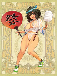 Rule 34 | 1girl, bandages, black eyes, blonde hair, breasts, character request, cleft of venus, cotton candy, covered erect nipples, fang, full body, fundoshi, hachimaki, happi, headband, holding, japanese clothes, large breasts, long sleeves, looking at viewer, mizu happi, official art, open clothes, open mouth, open shirt, psychic hearts, round teeth, ryoji (nomura ryouji), see-through, shirt, shoes, short hair, sneakers, solo, teeth, wet