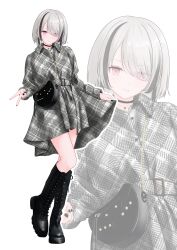 1girl absurdres asumi_sena black_bag black_boots black_choker black_hair black_nails boots choker closed_mouth collared_dress dress eyes_visible_through_hair fang full_body grey_hair hair_over_one_eye highres hiii_de jewelry knee_boots long_sleeves looking_at_viewer multicolored_hair necklace pink_eyes short_hair simple_background smile standing streaked_hair virtual_youtuber vspo! white_background zoom_layer