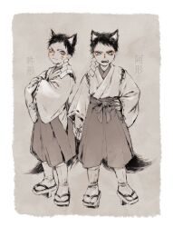 Rule 34 | 2boys, animal ears, arm at side, border, character name, clenched hand, closed mouth, cross-laced clothes, cross-laced sleeves, dog boy, dog ears, dog tail, earrings, eyeliner, facepaint, fangs, full body, geta, hakama, hand on own hip, hands in opposite sleeves, highres, japanese clothes, jewelry, kimono, long sleeves, looking at viewer, makeup, male focus, mame (mmgamegg), monochrome, multiple boys, open mouth, original, ribbon-trimmed sleeves, ribbon trim, shide, short hair, side-by-side, simple background, spot color, standing, tabi, tail, uneven eyes, wide sleeves