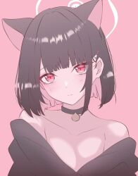 Rule 34 | 1girl, animal ears, bare shoulders, black choker, black hair, black shirt, blue archive, blunt ends, blush, cat ears, choker, closed mouth, collarbone, colored inner hair, commentary request, hair ornament, hairclip, halo, head tilt, houji tea latte, kazusa (blue archive), looking at viewer, multicolored hair, off shoulder, pendant choker, pink background, pink hair, red eyes, shirt, short hair, simple background, solo, two-tone hair, upper body, white halo