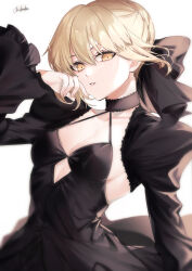 Rule 34 | 1girl, artoria pendragon (all), artoria pendragon (fate), black bow, black dress, blonde hair, bow, braid, breasts, cleavage, commentary request, detached sleeves, dress, fate/grand order, fate (series), french braid, goth fashion, hair between eyes, hair bow, highres, looking at viewer, pale skin, saber alter, short hair, signature, simple background, small breasts, solo, user ufdk2254, white background, yellow eyes