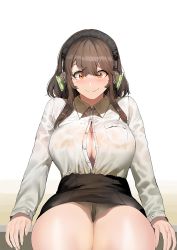 Rule 34 | 1girl, blush, breasts, brown hair, cleavage, collared shirt, headphones, highres, ihobus, no bra, open clothes, open shirt, orange eyes, panties, pantyshot, partially unbuttoned, see-through, shirt, shirt tucked in, sidelocks, sitting, skirt, smile, solo, thong, underwear, upskirt, wet, wet clothes, wet shirt, white background, white shirt
