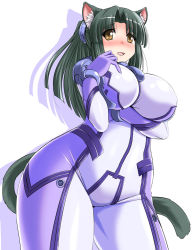 Rule 34 | 1girl, animal ears, blush, bodysuit, breast hold, breasts, brown eyes, cat ears, cat tail, green hair, large breasts, long hair, milk (tonpuu), open mouth, original, ponytail, purple bodysuit, simple background, smile, solo, tail, tonpuu, white background