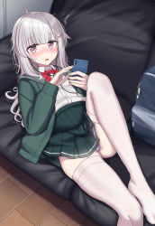 Rule 34 | 1girl, absurdres, blue panties, blush, bow, bowtie, cellphone, collared shirt, green skirt, grey hair, highres, holding, holding phone, knee up, long hair, long sleeves, looking at viewer, lying, on back, open mouth, original, panties, phone, pleated skirt, purple eyes, red bow, red bowtie, shirt, shirt tucked in, skirt, smartphone, solo, thighhighs, underwear, white shirt, white thighhighs, yakob labo