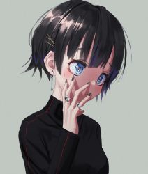 Rule 34 | 1girl, absurdres, bad id, bad twitter id, black hair, black nails, black sweater, closed mouth, earrings, fingernails, gishiki (gshk), grey background, hair ornament, hairclip, hand on own cheek, hand on own face, hand up, highres, jewelry, long sleeves, looking at viewer, nail polish, original, red pupils, ring, short hair, simple background, solo, sweater, upper body, x hair ornament