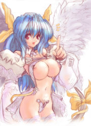 Rule 34 | 1girl, arc system works, asymmetrical wings, blue hair, bow, breasts, choker, dizzy (guilty gear), guilty gear, hair ribbon, huge breasts, midriff, miwa yoshikazu, navel, nipple slip, nipples, open mouth, red eyes, ribbon, solo, strapless bottom, tail, tail bow, tail ornament, tail ribbon, thighhighs, wings