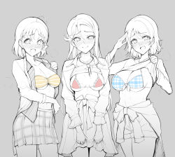 Rule 34 | 3girls, ahoge, bikini, bikini top only, blue bikini, blush, breasts, breasts out, clothes around waist, clothes lift, commentary request, cowboy shot, front-tie bikini top, front-tie top, grey background, greyscale, hair between eyes, heavy breathing, holding, holding clothes, holding skirt, jacket, jacket around waist, large breasts, lifted by self, long hair, long sleeves, looking at viewer, love live!, love live! sunshine!!, medium breasts, micro bikini, monochrome, multiple girls, open clothes, open jacket, orange bikini, plaid, plaid bikini, red bikini, sakurauchi riko, salute, shirt lift, short hair, sian, sketch, skirt, spot color, standing, steaming body, strapless, strapless bikini, striped bikini, striped clothes, sweat, swept bangs, swimsuit, takami chika, trembling, watanabe you