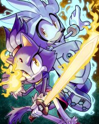 Rule 34 | 1boy, 1girl, absurdres, aideneye99, animal ears, aura, blaze the cat, brown eyes, fireball, forehead protector, furry, furry female, furry male, gloves, glowing, glowing sword, glowing weapon, highres, holding, holding shield, holding sword, holding weapon, jacket, purple fur, purple jacket, shield, shoes, silver the hedgehog, sonic (series), sword, tail, weapon, white fur, white gloves, yellow eyes