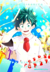 Rule 34 | 1boy, :d, blurry, boku no hero academia, buthikireta, character name, collared shirt, commentary request, confetti, dated, depth of field, freckles, gift, green eyes, green hair, hand in own hair, hand up, happy birthday, highres, looking at viewer, male focus, midoriya izuku, necktie, open mouth, shirt, short hair, short necktie, smile, solo, teeth, twitter username, upper body