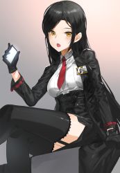 Rule 34 | 1girl, bad id, bad twitter id, black gloves, black hair, black jacket, black thighhighs, blush, breasts, cellphone, collared shirt, copyright request, crossed legs, garter straps, gloves, grey background, hand up, holding, holding phone, jacket, kfr, long hair, looking at viewer, medium breasts, name tag, necktie, open clothes, open jacket, open mouth, phone, red necktie, shirt, sitting, smartphone, solo, thighhighs, wing collar, yellow eyes