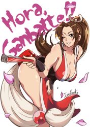 1girl ;) absurdres arm_guards artist_name bare_legs bare_shoulders breasts brown_eyes brown_hair cleavage collarbone fatal_fury feet_out_of_frame folding_fan hand_fan hand_on_own_leg hanging_breasts high_ponytail highres holding holding_fan iaranaika japanese_clothes kimono large_breasts leaning_forward long_hair motoyui ninja no_bra one_eye_closed parted_bangs pelvic_curtain ponytail red_kimono revealing_clothes romaji_text sash shiny_skin shiranui_mai sideboob signature simple_background sleeveless sleeveless_kimono smile snk solo street_fighter street_fighter_6 tassel the_king_of_fighters thick_thighs thighs white_background