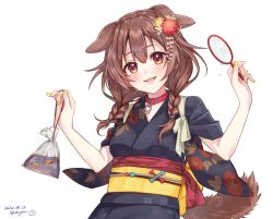Rule 34 | 1girl, :d, alternate costume, animal collar, animal ears, bag, bagged fish, blue kimono, blush, braid, brown eyes, brown hair, choker, collar, dakuryuu, dated, dog ears, dog girl, dog tail, eyebrows, fangs, festival, fingernails, fish, flower, goldfish, goldfish scooping, hair between eyes, hair flower, hair ornament, highres, hololive, inugami korone, japanese clothes, kanzashi, kimono, long hair, looking at viewer, low twin braids, low twintails, nail polish, obi, obiage, obijime, open mouth, poi (goldfish scoop), print kimono, raised eyebrows, red choker, red collar, sash, signature, simple background, sleeves rolled up, smile, solo, summer festival, tail, tasuki, tsumami kanzashi, twin braids, twintails, upper body, virtual youtuber, w arms, white background, wide sleeves, yellow nails, yukata
