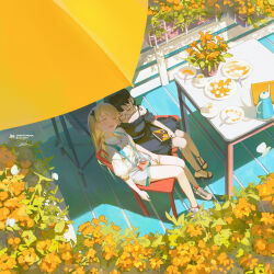 Rule 34 | 2girls, absurdres, aqua theme, black hair, blonde hair, camera, chair, cup, drooling, flower, food, from above, glasses, highres, jdge, multiple girls, open mouth, orange theme, original, plant, plate, potted plant, scenery, shade, sleeping, spoon, table, teapot, umbrella, yellow theme
