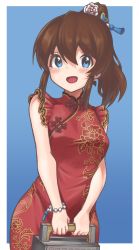 Rule 34 | 1girl, absurdres, blue background, blue eyes, breasts, brown hair, china dress, chinese clothes, cowboy shot, dress, floral print, highres, holding, idolmaster, idolmaster million live!, idolmaster million live! theater days, long hair, medium breasts, ponytail, red dress, satake minako, semi colon, simple background, solo