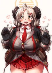 Rule 34 | 1girl, ahoge, black gloves, black horns, blue archive, blush, breasts, brown eyes, button gap, buttons, commentary request, cowboy shot, curled horns, dot nose, drooling, gloves, grey hair, hair ornament, hair over one eye, hairclip, halo, heart, highres, horns, huge breasts, izumi (blue archive), kagarimachi konatsu, long hair, long sleeves, looking at viewer, low twintails, miniskirt, mouth drool, necktie, open mouth, pleated skirt, red necktie, red skirt, simple background, skirt, solo, tareme, twintails, white background, wing collar, yellow eyes, yellow halo