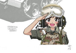 Rule 34 | 1girl, :d, akiyama yukari, alternate costume, artist name, brown eyes, brown hair, brown jacket, camouflage, commentary request, cropped torso, english text, girls und panzer, goggles, goggles on headwear, grey headwear, headset, helmet, jacket, looking at viewer, military, military uniform, nakamura 3sou, name tag, one eye closed, open mouth, operation desert storm, salute, short hair, short sleeves, signature, smile, solo, tank helmet, uniform, united states marine corps, white background