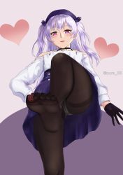 Rule 34 | 1girl, ajax (azur lane), ajax (valentine&#039;s reward?) (azur lane), artist name, azur lane, bare shoulders, between toes, black choker, black gloves, black pantyhose, candy, chocolate, chocolate heart, choker, dress, feet, food, foot focus, foot up, foreshortening, from below, gloves, hand on own hip, happy valentine, hat, heart, highres, jewelry, long hair, looking at viewer, necklace, no shoes, open mouth, panties, panties under pantyhose, pantyhose, pura 38, purple eyes, purple hair, purple hat, ring, ring necklace, simple background, soles, solo, standing, standing on one leg, toes, twintails, underwear, valentine, white panties