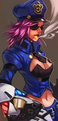 Rule 34 | 1girl, alternate costume, aviator sunglasses, breasts, cleavage, cleavage cutout, clothing cutout, darkeagle an, gauntlets, grey background, hat, large breasts, league of legends, long hair, midriff, navel, officer vi, pink hair, police, police hat, police uniform, policewoman, riot games, signature, simple background, smoke, smoking, solo, sunglasses, tinted eyewear, uniform, usagi haku, vi (league of legends)