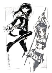 Rule 34 | 2girls, arms up, belt, boots, breasts, chrome dokuro, crop top, d.gray-man, eyepatch, floating hair, greyscale, hair between eyes, high heel boots, high heels, highres, holding, holding polearm, holding weapon, isshi pyuma, jacket, katekyo hitman reborn!, lenalee lee, long hair, long sleeves, midriff, military, military jacket, military uniform, miniskirt, monochrome, multiple girls, navel, parted bangs, parted lips, pleated skirt, polearm, skirt, small breasts, standing, standing on one leg, stomach, thigh boots, thigh gap, thighhighs, twintails, twitter username, uniform, weapon, white background, zettai ryouiki