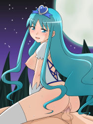 Rule 34 | 10s, aqua eyes, ass, blush, breasts, breasts out, censored, cowgirl position, cure marine, girl on top, green hair, heartcatch precure!, highres, kurumi erika, long hair, looking back, miniskirt, moon, night, precure, sex, skirt, straddling, sweat, thighhighs, vaginal, white legwear