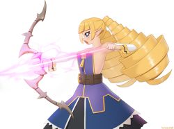 Rule 34 | 1girl, archer (disgaea), artist name, bare shoulders, belt, blonde hair, blue eyes, blunt bangs, bow (weapon), commentary, detached sleeves, disgaea, drill hair, energy arrow, kuroonehalf, long hair, makai senki disgaea, open mouth, pointy ears, profile, serious, simple background, solo, twin drills, weapon, white background