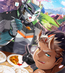 Rule 34 | 2boys, absol (dkqthf), animal ears, aqua fur, axe, bara, black hair, blowing on food, blue eyes, cherry blossoms, commentary, cropped, curry, curry rice, dark-skinned male, dark skin, demon boy, demon horns, extra horns, facial tattoo, fang, fingerless gloves, food, food on face, furry, furry male, gauntlets, gloves, helmet, holding, holding spoon, horns, index finger raised, jacket, large pectorals, live a hero, log, macroich (housamo), male focus, multicolored hair, multiple boys, multiple horns, muscular, muscular male, one eye closed, open clothes, orange hair, pectorals, plate, rexer (live a hero), rice, rice on face, short hair, smile, spoken sweatdrop, spoon, streaked hair, sweatdrop, tattoo, tent, thick eyebrows, tiger boy, tiger ears, tokyo houkago summoners, tree stump, upper body, white hair