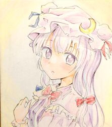 Rule 34 | 1girl, bow, bowtie, colored pencil (medium), crescent, crescent hat ornament, hair bow, hat, hat ornament, highres, long hair, looking at viewer, mob cap, orya 422, patchouli knowledge, purple eyes, purple hair, red bow, red bowtie, touhou, traditional media