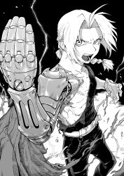 Rule 34 | 1boy, abs, absurdres, ahoge, amamiya kento, angry, automail, belt, black pants, black shirt, blonde hair, braid, braided ponytail, chain, coat, unworn coat, edward elric, electricity, fighting stance, floating rock, fullmetal alchemist, gloves, greyscale, hair intakes, hair tie, hand up, highres, long hair, looking at viewer, male focus, mechanical arms, monochrome, pants, pocket watch, prosthesis, prosthetic arm, scar, scar on chest, shirt, single braid, single glove, single mechanical arm, solo, teeth, toned, toned male, torn clothes, torn coat, torn shirt, v-shaped eyebrows, watch, white gloves