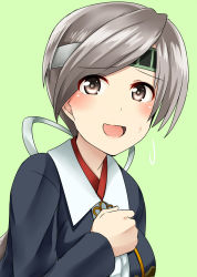 Rule 34 | 10s, 1girl, blush, breasts, chitose (kancolle), green background, grey eyes, grey hair, hair ribbon, hand on own chest, headband, highres, japanese clothes, kamelie, kantai collection, long sleeves, looking at viewer, open mouth, ribbon, simple background, smile, solo, sweatdrop, upper body