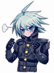 Rule 34 | 1boy, ahoge, android, armor, blue eyes, blush, clenched hands, closed mouth, commentary request, cropped torso, danganronpa (series), danganronpa v3: killing harmony, hair between eyes, hands up, k1-b0, looking at viewer, male focus, power armor, sasakama (sasagaki01), short hair, simple background, smile, solo, upper body
