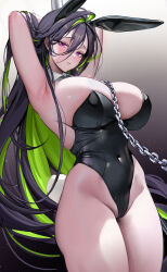 Rule 34 | 1girl, animal ears, bare legs, black hair, black leotard, covered navel, cuffs, curvy, detached collar, fake animal ears, fake tail, feet out of frame, goddess of victory: nikke, gradient background, green hair, guilty (nikke), highleg, highleg leotard, highres, leotard, long hair, mikan03 26, multicolored hair, no bra, no panties, playboy bunny, pole, purple eyes, rabbit ears, rabbit tail, shackles, solo, strapless, strapless leotard, stripper pole, tail, thong leotard, two-tone hair, very long hair, wide hips, wrist cuffs