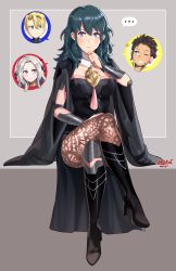 Rule 34 | 2boys, 2girls, absurdres, armor, blonde hair, blue eyes, blue hair, blush, boots, breasts, brown eyes, brown hair, brown pantyhose, byleth (female) (fire emblem), byleth (fire emblem), cape, claude von riegan, closed mouth, crossed legs, dimitri alexandre blaiddyd, edelgard von hresvelg, fire emblem, fire emblem: three houses, gloves, high heel boots, high heels, highres, lace, lace-trimmed legwear, lace trim, long hair, looking at viewer, medium breasts, multiple boys, multiple girls, nintendo, pantyhose, pantyhose under shorts, sarukaiwolf, short hair, shorts, simple background, sitting, smile, upper body, white background