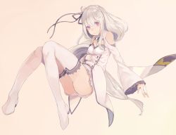 Rule 34 | 10s, 1girl, ass, bare shoulders, boots, buttons, double-breasted, emilia (re:zero), female focus, full body, gradient background, high heels, kikkaiki, long hair, md5 mismatch, pink background, purple eyes, re:zero kara hajimeru isekai seikatsu, simple background, smile, solo, thigh boots, thighhighs, white footwear, white hair, white thighhighs