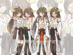 Rule 34 | 10s, 4koma, ahoge, bare shoulders, black hair, blue eyes, boots, brown hair, comic, detached sleeves, glasses, grin, hair ornament, hairband, hand on another&#039;s shoulder, haruna (kancolle), headgear, hiei (kancolle), highres, japanese clothes, kantai collection, kirishima (kancolle), kongou (kancolle), long hair, multiple girls, nontraditional miko, open mouth, personification, shamisen (syami sen), short hair, skirt, smile, thigh boots, thighhighs, zettai ryouiki, zoom layer