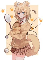 Rule 34 | 1girl, animal, animal ears, blonde hair, blue eyes, breasts, brown cardigan, bubba (watson amelia), cardigan, chiemo (xcem), closed mouth, collared shirt, commentary, cowboy shot, deerstalker, dog, dog ears, dog girl, dog tail, hair ornament, hat, holding, holding animal, holding dog, hololive, hololive english, long sleeves, looking at viewer, magnifying glass, medium breasts, miniskirt, mustache print, open mouth, paw print, paw print background, plaid, plaid skirt, pleated skirt, pocket watch, red neckwear, shirt, skirt, smile, solo, tail, virtual youtuber, watch, watson amelia, white shirt