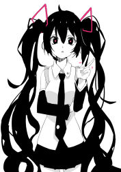 Rule 34 | 1girl, 3774., arm across chest, bare shoulders, black skirt, black sleeves, commentary, cowboy shot, detached sleeves, greyscale, hair ornament, hand up, hatsune miku, hatsune miku (vocaloid4), headphones, headset, heart, heart-shaped pupils, heart in eye, highres, long hair, looking at viewer, miniskirt, monochrome, necktie, shirt, skirt, sleeveless, sleeveless shirt, solo, spot color, standing, symbol-shaped pupils, symbol in eye, translated, triangle mouth, twintails, v4x, very long hair, vocaloid, white background
